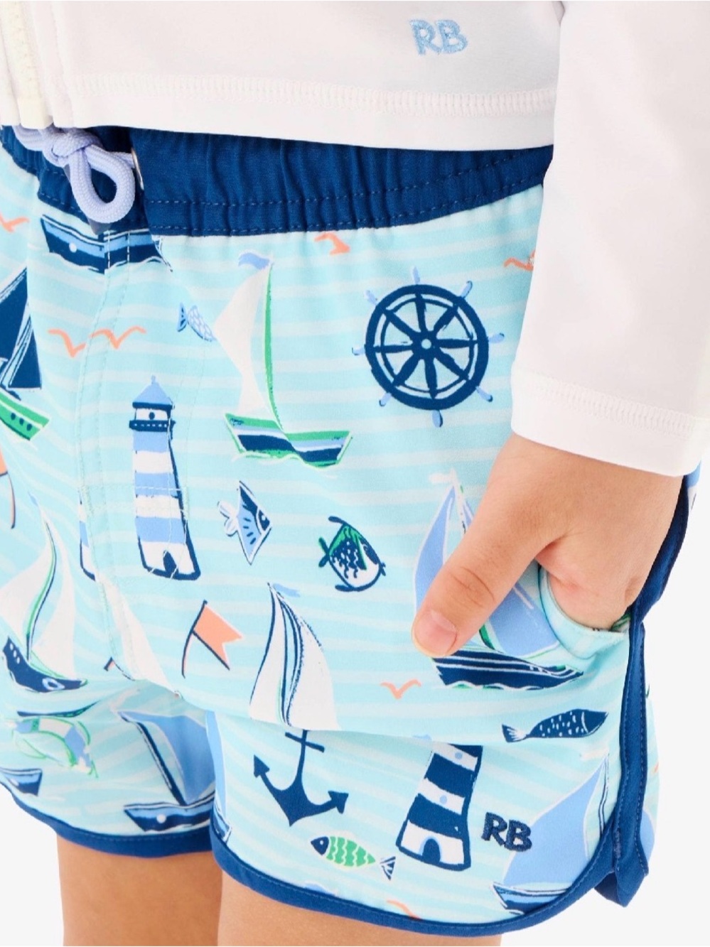 Rugged Butts Navy Rashguard & Blue Sailboat Print Swim Trunks